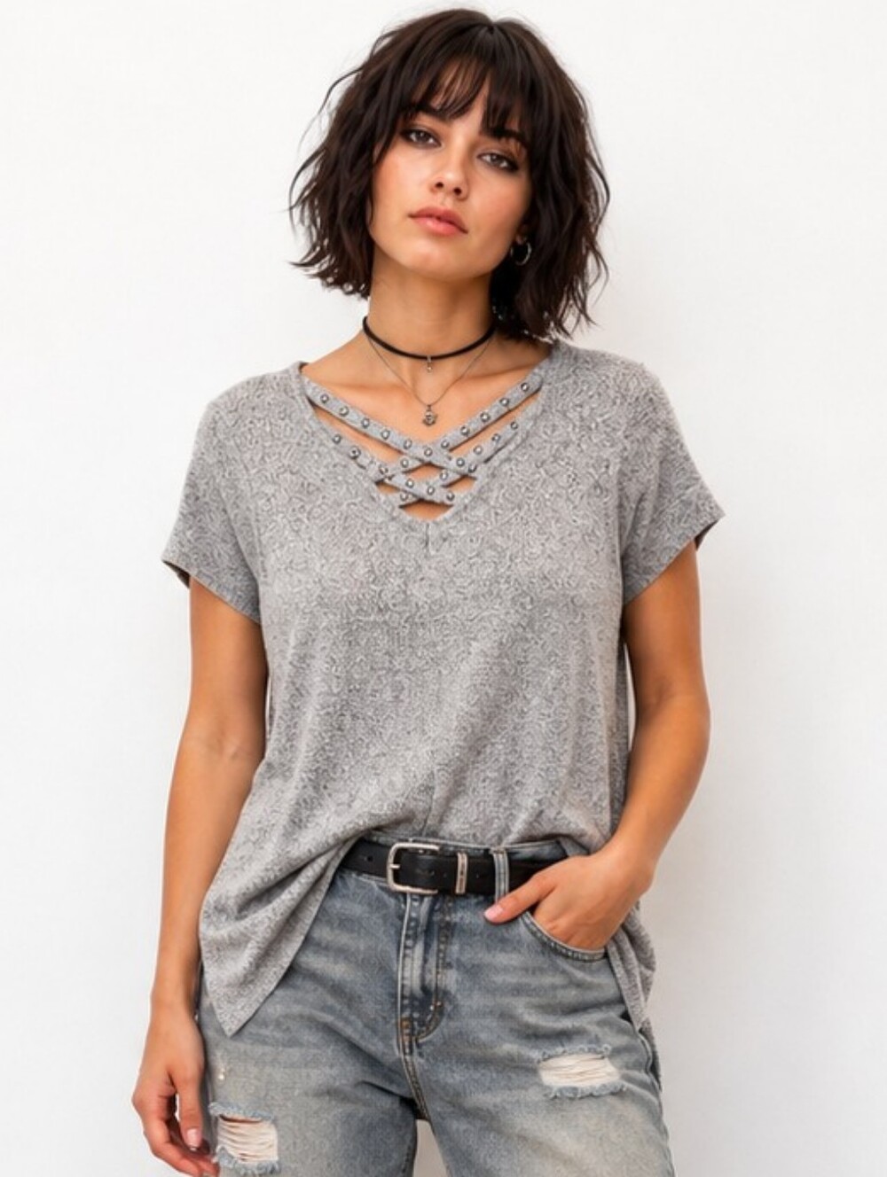 Rock & Republic XS Oversized Gray Crisscross Stud High Low Sweater Top